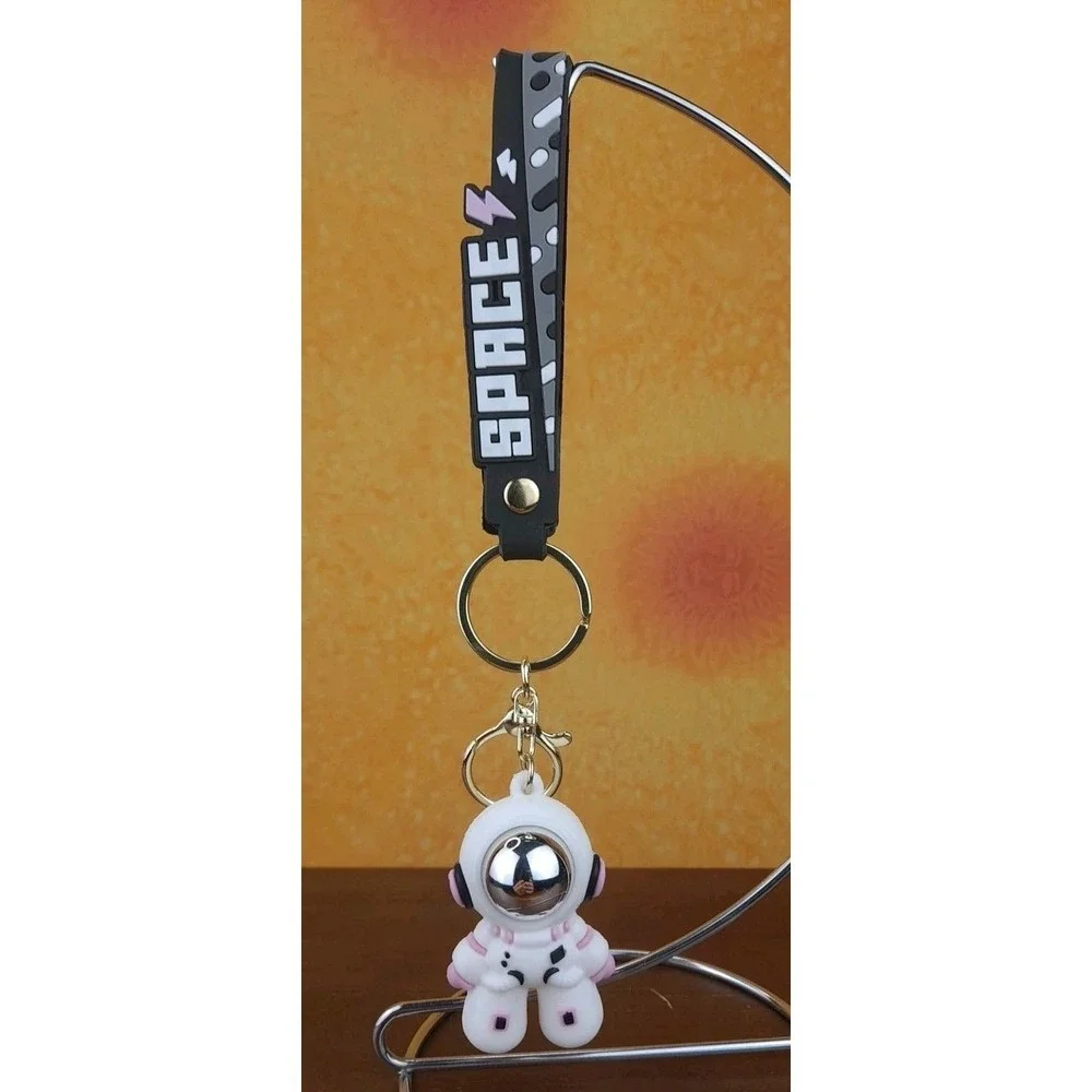 Space Astronaut Keychain Backpack Clip PVC Silver Reflective Face Pink And Black
